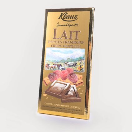 Tablette or Chocolat Lait framboise crêpe dentelle 100g Klaus